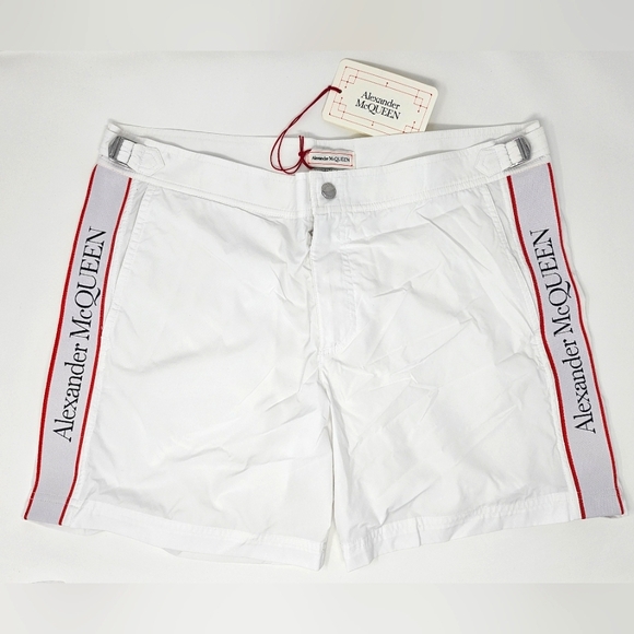 Alexander McQueen L 30 32 33 34 White Red Side Stripe Swim Shorts Trunks Mesh - Picture 1 of 12